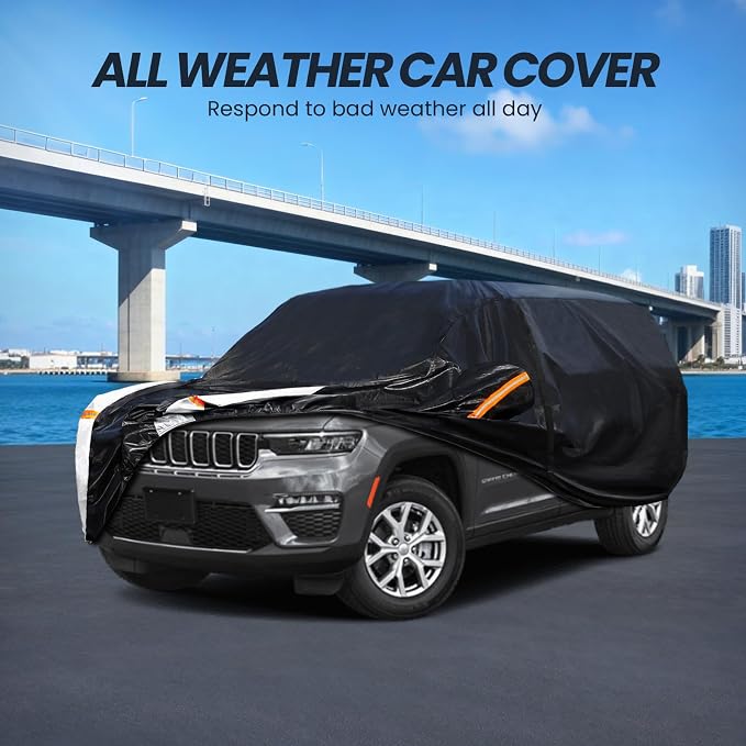 Multi-Layer Car Cover Custom Fit for Jeep grand Cherokee long(2021-2026), 100% Waterproof All Weather for Automobiles, Gift with Towel, Heavy Duty Car Covers for Rain Sun UV Protector With Door Zipper