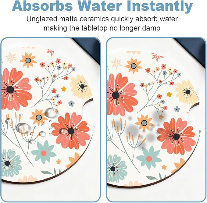 Car Cup Holder Coaster Set of 2, 2.56 in Ceramic Coasters, Scratch-Resistant Cork Backing, Finger Groove Design for Easy Placement, Cute Car Accessories Interior for Women (Red Flowers)