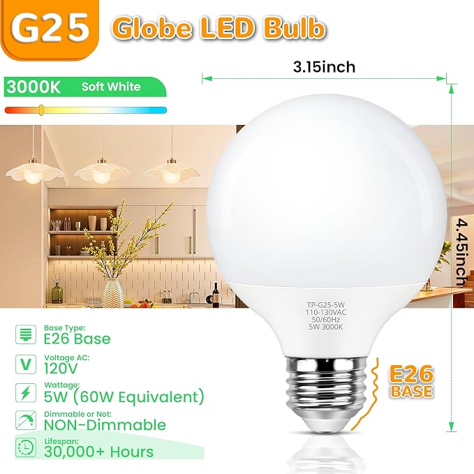 MAXvolador G25 LED Globe Light Bulbs 60W Equivalent, Soft White 3000K Bathroom Vanity Round Bulb, 500LM E26 LED for Makeup Mirror, Non-Dimmable 4 Pack