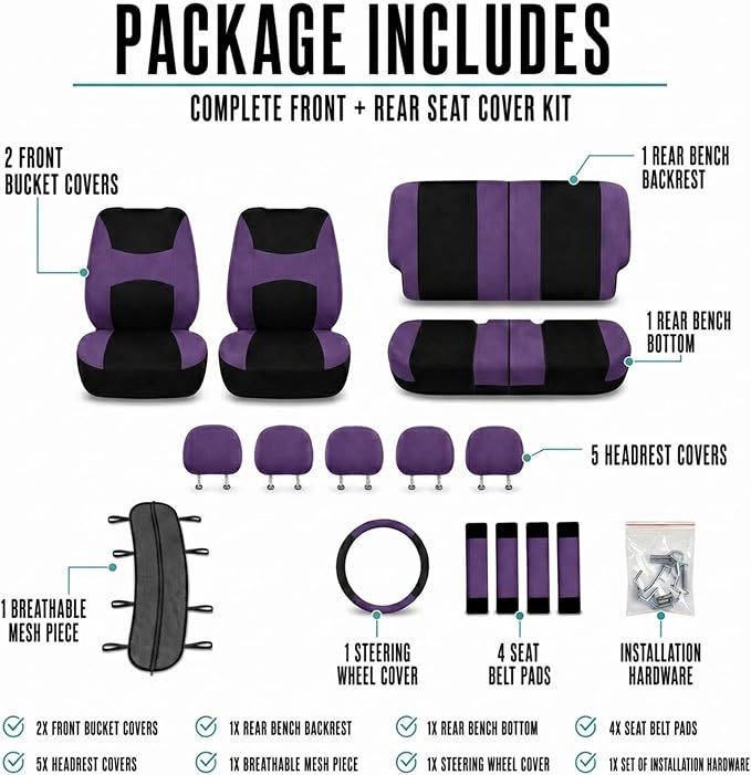 FH Group Full Set Car Seat Covers Cloth, Universal Fit combo, Set with Steering Wheel Cover and Seat Belt Pad fits Most Cars, SUVs, Trucks Purple