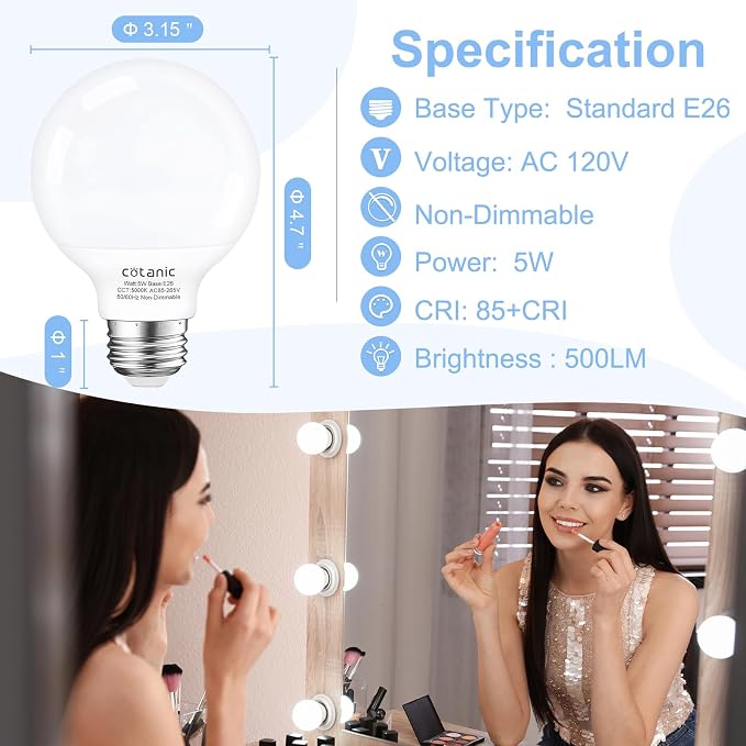 Cotanic Vanity Light Bulb 5000K Daylight,G25 LED Globe Light Bulbs for Bathroom Vanity Mirror, E26 Medium Base,5W 60W Incandescent Equivalent,500LM,Non-dimmable,4 Pack