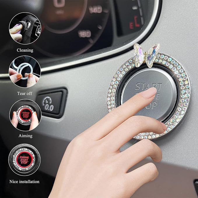 DXNQ Bling Ring Emblem, Sparkling Butterfly Car Buttons and Knobs Ring, Girly Butterfly Diamond Car Engine Start Button Cover, Key Ignition Knob Rings Decoration for Women (AB, Double Row)