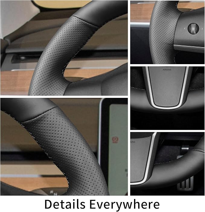 Hand Sewn Steering Wheel Cover,Fit for Tesla Model 3 2017-2023/Model Y 2020-2023,Non-Slip Breathable Microfiber Leather Steering Wheel Cover On Wrap Car Interior Accessories