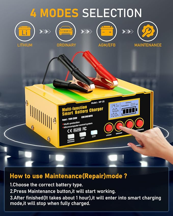 12-Amp Smart Battery Charger,Lithium,Lead-Acid(AGM/Gel/SLA) Pulse Repair Car Battery Charger,Trickle Charger,Maintainer/Deep Cycle Charger,12V/10A | 24V/7.5A for Automotive,Boat,Motorcycle,Lawn Mower
