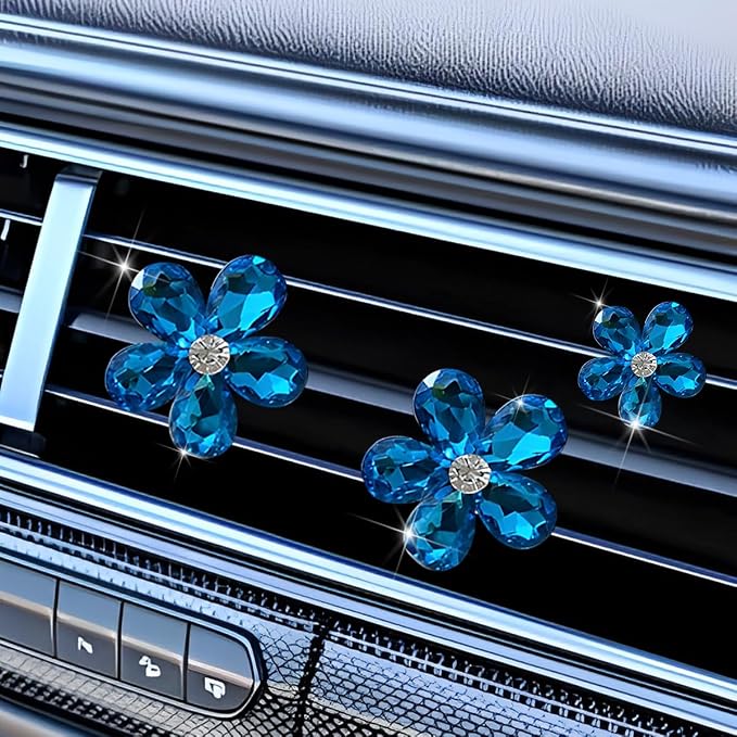 5PCS Bling Flower Car Air Vent Clips, Crystal Rhinestone Vehicle Air Conditioning Outlet Clip, Diamond Automotive Interior Decoration Charm, Universal for Automobile RV Truck (Blue)