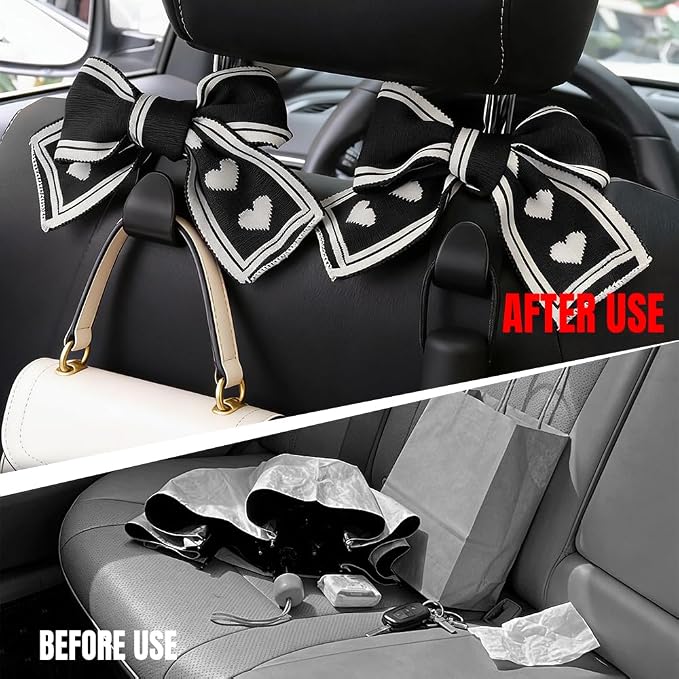 2PCS Car Seat Headrest Hooks, Car Purse Hook, Cute Bow Knot Vehicle Seatback Hanging Storage Organizer, Auto Seatback Decor Organizer Hanger for SUV Truck (Black/White)