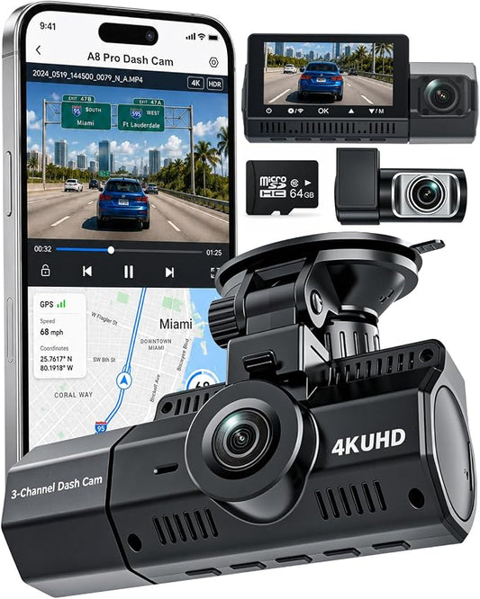 4K+2.5K+2.5K Dash Cam, IMX675 STARVIS 2 Dash Camera 3-Channel, Free 64GB Card, Dashcam with 5G WiFi GPS, G-Sensor,Loop Recording, HDR, 24H Parking Monitor, Car Dash Cam for Rideshare & Taxi