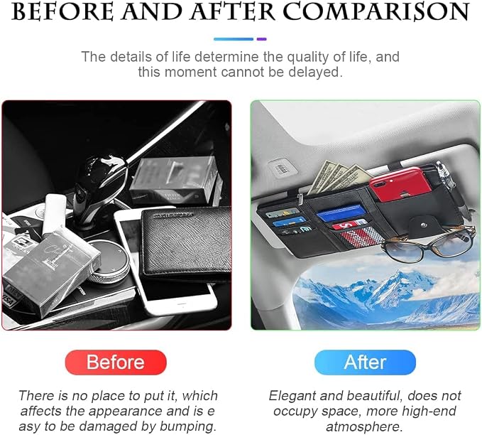 XINLIYA Car Sun Visor Organizer, Leather Storage Pocket Sun Visor Pouch with Zipper for Cards License Registration Pen Glasses Document, Fits Most Car SUV, Auto Interior Accessories (Black)