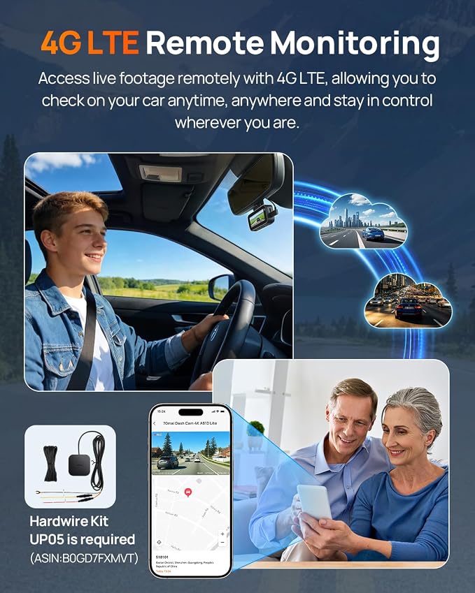 70mai A810 Lite 4K Dash Cam Front and Rear, 5GHz Wi-Fi 6 DashCam, Car Camera 4G LTE Remote Access, GPS Tracking, HDR Night Vision, 24H Parking Mode, Voice Control, Emergency Lock, Loop Recording
