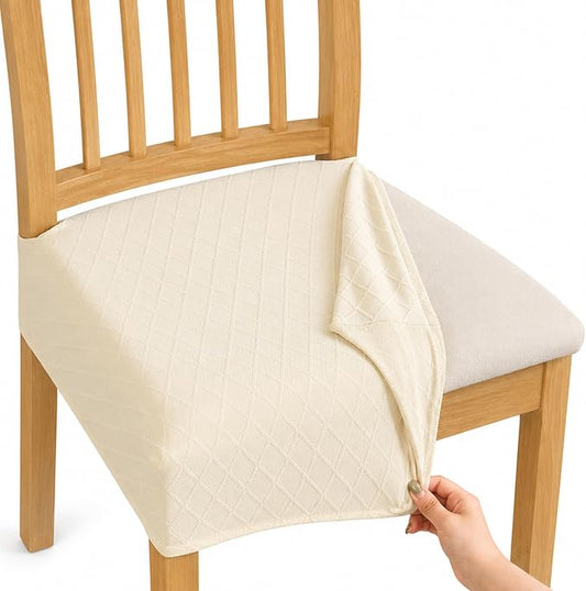 NILUOH Waterproof Seat Covers for Dining Room Chairs Set of 4, Stretch Jacquard Chair Seat Slipcovers Dining Chair Cover Removable Washable Chair Protctor Cover, Rear Covers (Beige)