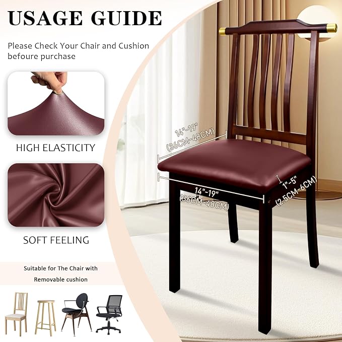 Pu Leather Dining Chair Seat Covers Set of 2, Waterproof Kitchen Chair Covers Stretch Chair Cover for Kitchen/Dining Room/Hotel, Tasteless seat Covers for Chairs (Wine Red - 2 PCS)