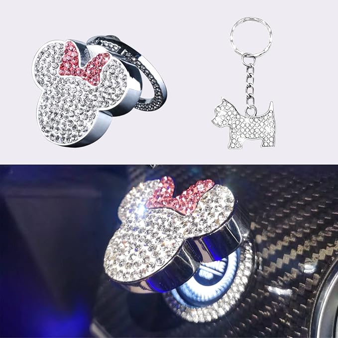 Car Cute Push to Start Button Cover Accessories, Pink Bling Crystal Car Engine Start Stop Button Cover, Car Decoration Interior Sticker for Women Girl