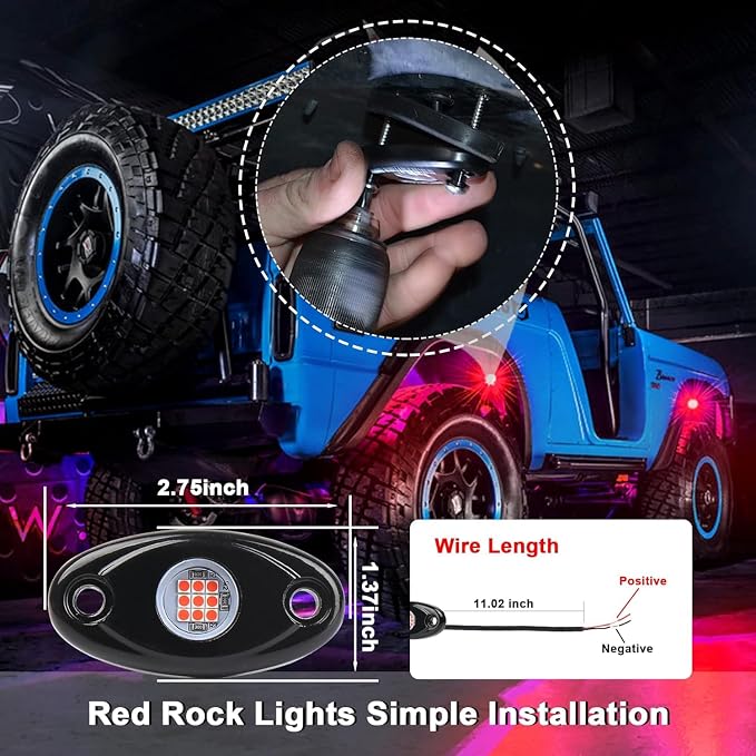 Red Rock Light 12pods 6000k Pure Red Led Rocks Lights Kit Ip68 Waterproof 47inch Extension Wires for ATV Rv Utv SUV Offroad Pickup Trucks Golf Boat Cars Trailers Fender Underglow Lighting (Red)