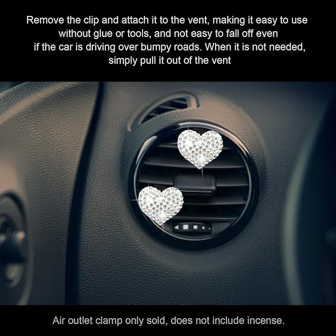 2Pcs Car Air Vent Clip, Bling Crystal Heart Charms Car Air Vent Clips, Car Air Conditioning Outlet Clip Decorative, Car Interior Decoration Accessories Universal for Women and Man (White)