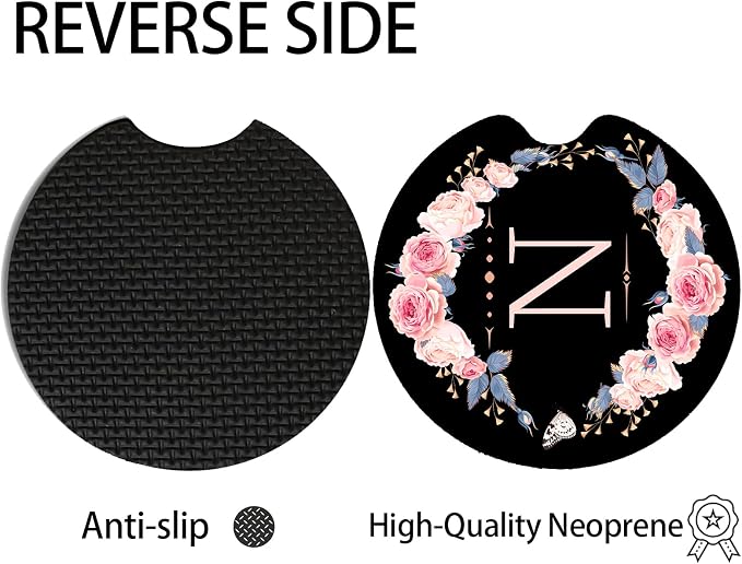 2pcs Letter N Car Coasters,Absorbent Universal neoprener Cup Holder Coasters with a Finger Notch,Car Accessories for Women&Man Interior，2.75"