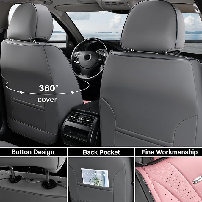 Coverado Car Seat Covers Full Set, Universal Seat Cover for Cars, Luxury Faux Leather Seat Covers, Car Seat Protector Waterproof, Automotive Seat Cover, Car Seat Cushions Fit for Most Cars (Gray&Pink)