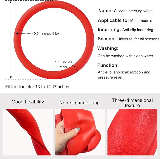 DXNQ Car Steering Wheel Cover, 13 to 14.17 inches Anti-Slip Silicone Steering Wheel Protector, Soft Flexible Shock-Absorbent Steering Wheel Protective Cover for Most Car Models (Red)