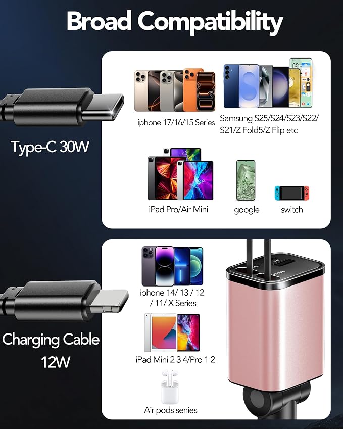 84W Retractable Car Charger,Car Phone Charger USB C Fast Charge for iPhone | EloBeth Car Charger,Cigarette Lighter USB Charger Car Accessories,Road Trip Essentials Gift for Men,for iPhone 17/16,Galaxy