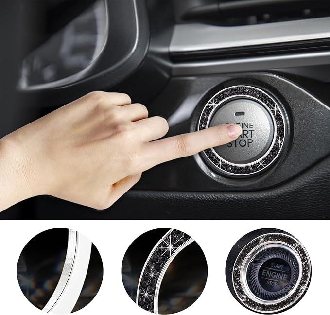 Kewucn Bling Crystal Double Rhinestone Car Engine Start Decoration Ring, Sparkling Push Start Button Sticker, Key Ignition & Knob Ring Decoration, Bling Car Interior Accessory (Black)