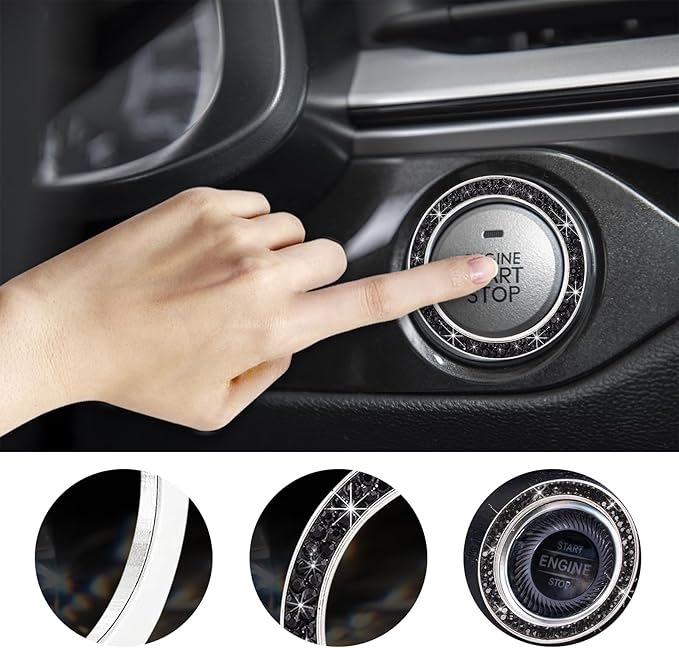 Kewucn 2 PCS Bling Crystal Double Rhinestone Car Engine Start Decoration Ring, Sparkling Push Start Button Sticker, Key Ignition & Knob Ring Decoration, Bling Car Interior Accessory(Black)