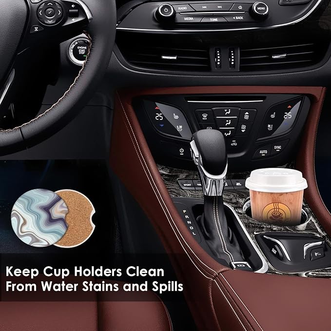 Britimes Absorbent Car Coasters 2 Pack for Cup Holders, 2.56" Ceramic Stone & Non-Scratch Cork Base Drink Coasters Cupholder Purple Blue Marble