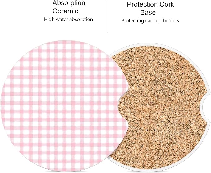 Ceramic Car Coasters – Absorbent Car Cup Holder Coaster Set for Women, Cute Aesthetic Car Accessories for Girls, 2 Pack (Fuchsia)