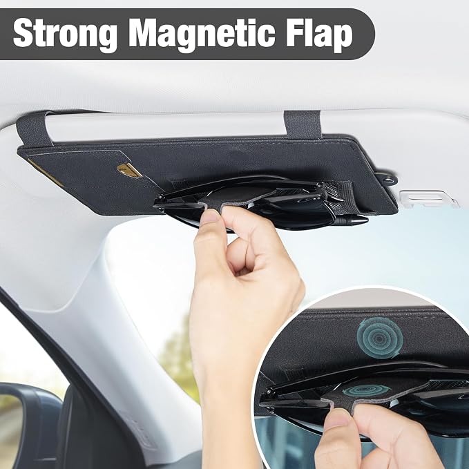 SEG Direct Car Sun Visor Extender Organizer Magnetic Sunglass Holder Black | Sun Blocker, Sunglass Hanger Clip, Ticket Card Organization Pouches, for Car Truck SUV