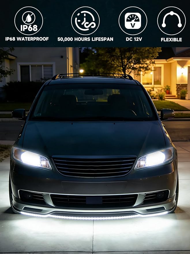 Car LED Strip Lights IP68 Waterproof Cuttable 24inch White 4 Pcs | 12V Footwell & Underbody Lights, 5050 SMD Beads, Interior & Exterior Light, Fits SUVs, Trucks, Motorcycles, Boats, Golf Carts