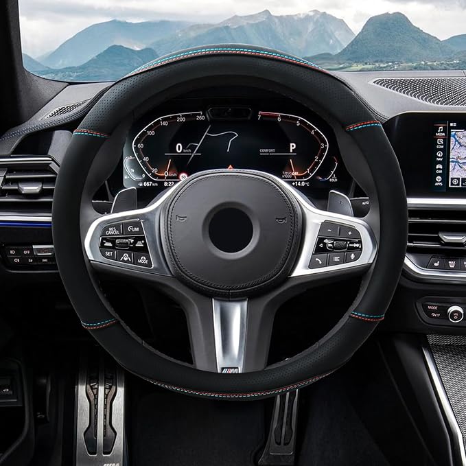Microfiber Leather Steering Wheel Cover Universal 14.5-15 inch (Black) | Anti-Slip Lining, Breathable and Soft Material, Compatible with Most of Cars and Trucks