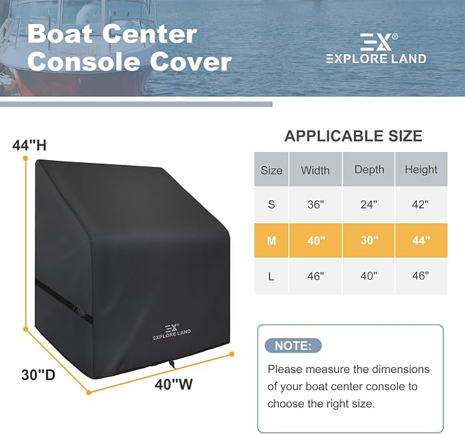 Explore Land Waterproof Boat Center Console Cover Fade Resistant 600D Marine Grade Fabirc Size up to 40" W x 30" D x 44" H, Black