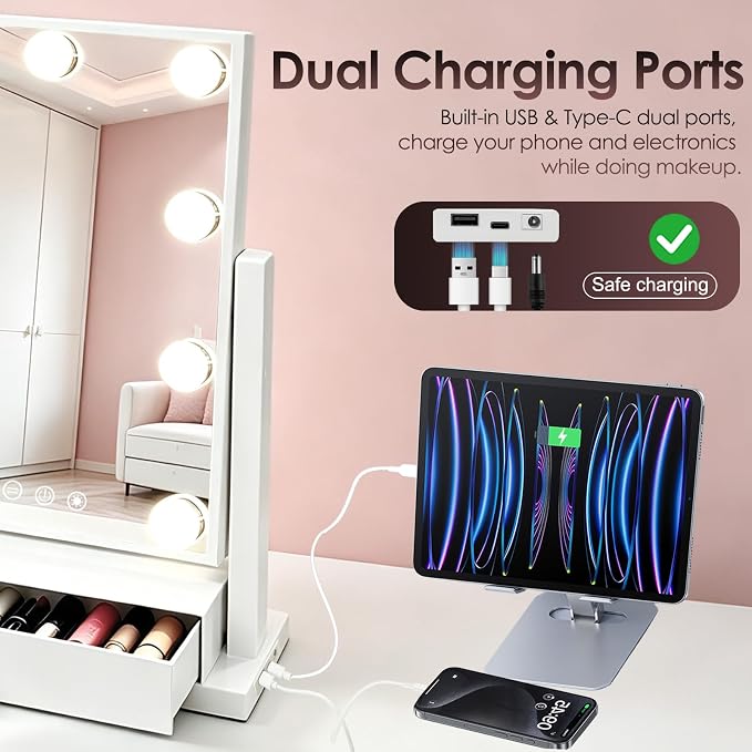 COLMERD Vanity Mirror with Lights with Drawer, Type-C and USB Charging Port, Hollywood Makeup Mirror with 9 LED Bulbs, 3 Colors Dimmable, Touch Control, Detachable 5X Magnification, Gifts for Women