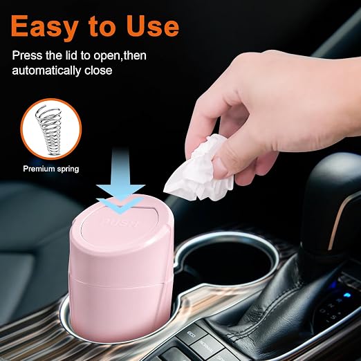 Car Trash Can, 2 Packs Mini Car Trash Bin with Lid, Leakproof Cup Holder Car Garbage Can with 60 Trash Bags, Vehicle Front Back Seat Organizers and Storage for Car, Home, Office, Pink