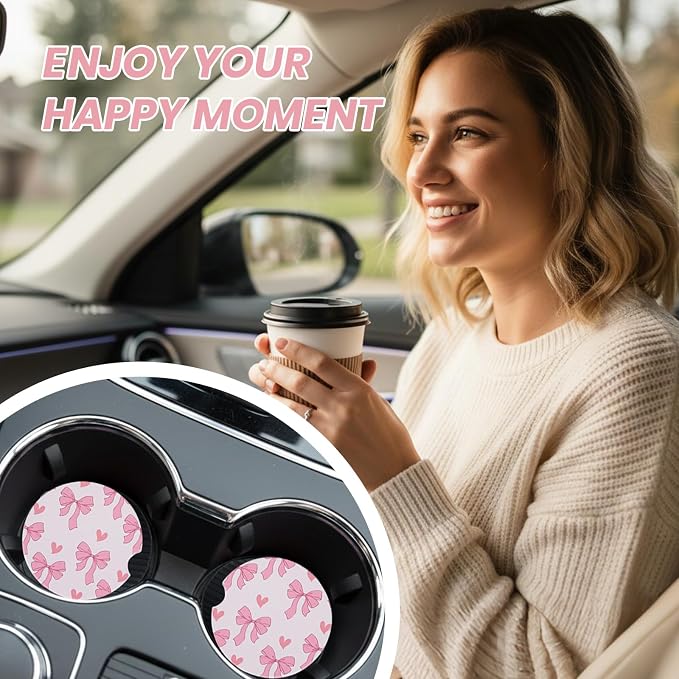 2 Pack Pink Bow Car Coasters for Women Car Cup Holder Coasters, 2.63 Inch Anti Slip Ceramic Absorbent Coaster with Cork Base and Finger Notch, Cute Car Accessories Interior