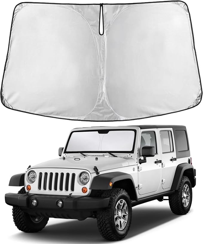 EcoNour Windshield Sunshade Compatible for Jeep Wrangler Rubicon Sahara TJ JK JKU2 4DOOR 1997-2015 2016 2017, Sun Visor for Front Windshield & Window Sun Shade Cover, UV Heat Blocker, Car Accessories