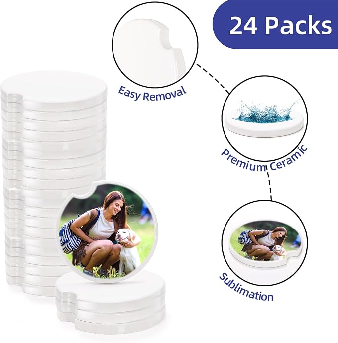 Eorbow 24 Packs Ceramic Sublimation Car Coasters, Car Blanks Cupholders with Finger Notch for Easy Removal, Absorbent Auto Cup Holders Keep Vehicle Free from Cold Drink Sweat Stain Spill