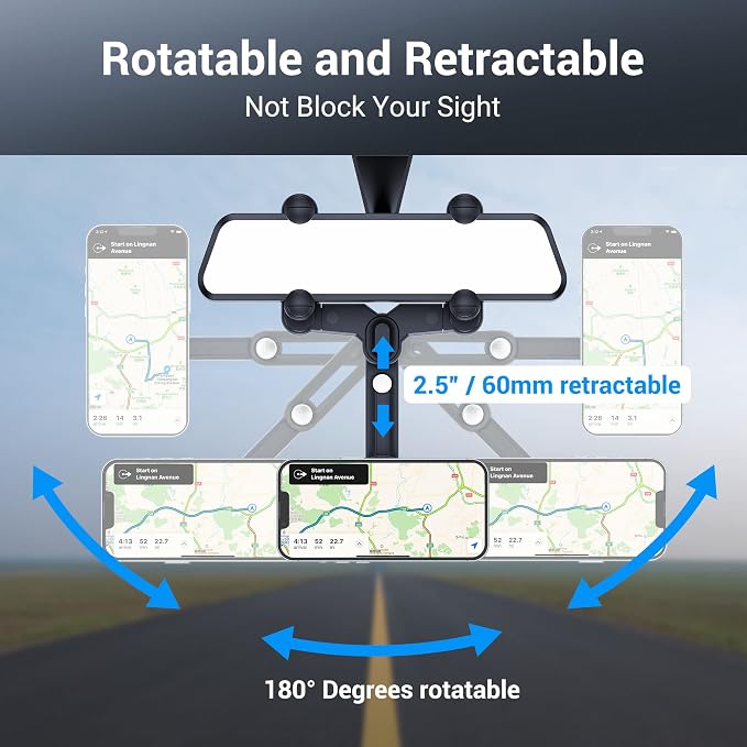 PROfezzion Car Rearview Mirror Magnetic Phone Mount Holder for MagSafe | Vent Clip Included, No Vibrating, Eye-level View, Length & Angle Adjustment, for iPhone 17 16 15 14 13 Pro Max & All Phones
