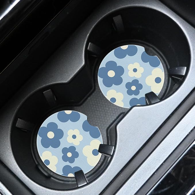 2pcs Cute Flowers Car Coasters,Absorbent Universal neoprener Cup Holder Coasters with a Finger Notch,Car Accessories for Women&Man Interior，2.75" 1