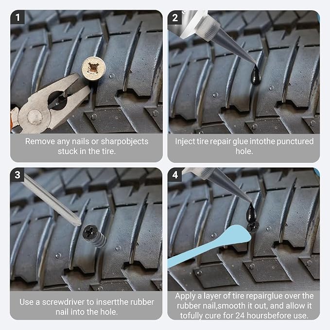 Tire Repair Glue, Tire Repair Nail, Tire Repair Rubber Nails Kit, 50ml | Seamless Strong Bonding, Flexible, Waterproof, Suitable for All Tire Types, Two Sizes Nail for Car, Motorcycle, Bike