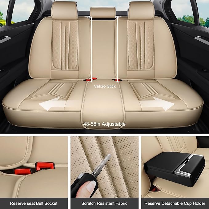 Car Seat Covers Full Set Beige, Premium Leather Car Seat Covers, Waterproof and Breathable Seat Covers, Universal Car Seat Protector Fit for Cars, Trucks, SUVs, Pick-ups