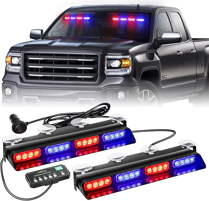 XRIDONSEN Emergency Dash Strobe Lights Safety Flashing Warning Hazard Caution Interior Front/Rear Windshield Deck Split Light Bar w/Suction Cups for Vehicles Trucks (2x14 inch, Red Blue)
