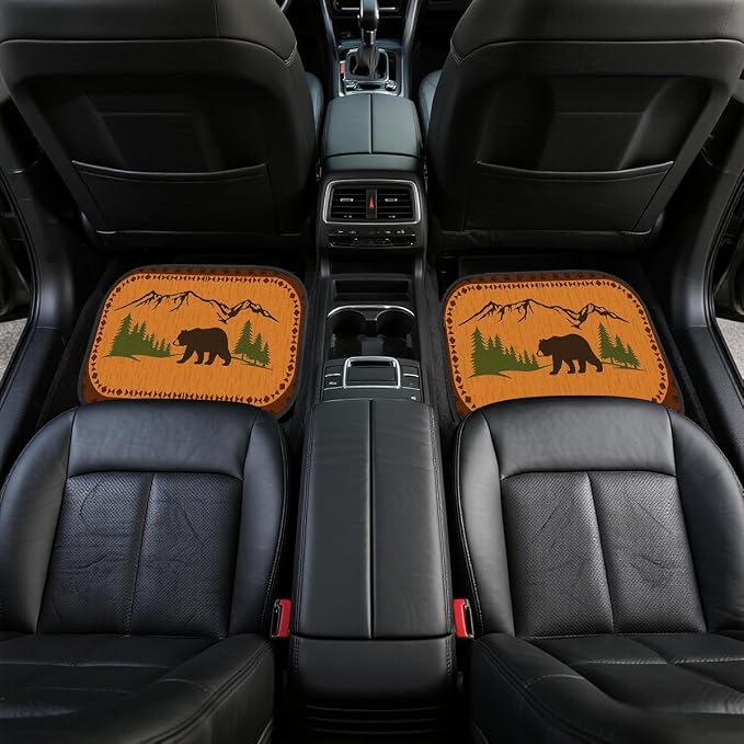 Bear Car Floor Mats Rustic Mountain Pine Forest Cabin Carpet Front Rear Carpets Mat Decorative Car Floor Carpets Non-Slip Auto Car Accessories Universal Fit for Car SUV Truck Van