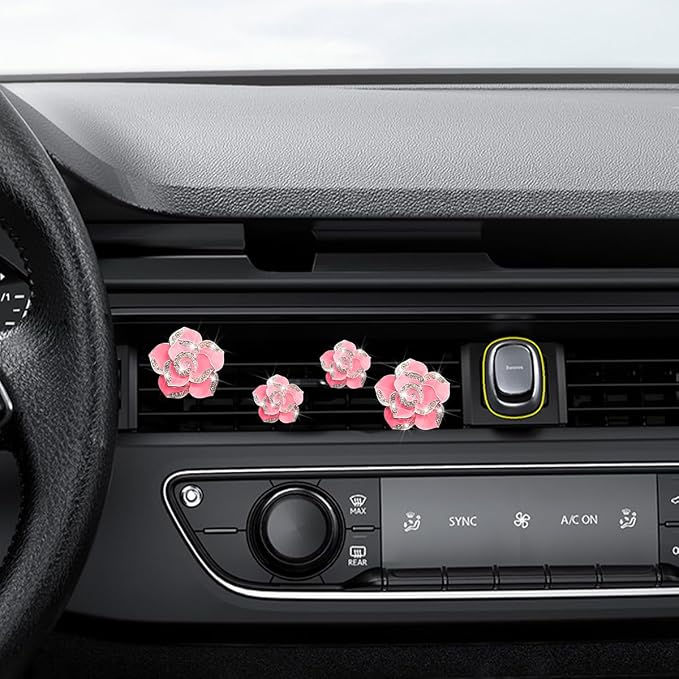 Osilly Bling Car Air Vent Clips, 4PCS/2Set Flower Rhinestone Vehicle Air Outlet Clamp, Sparkly Diamond Automotive Interior Vent Clip Charm Decor Accessories, Universal for SUV Truck RV (Rose Red)