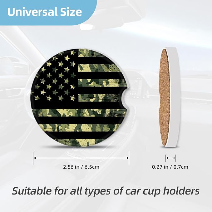 2 Pack Car Coasters for Cup Holders, 2.56" Universal Absorbent Ceramic Stone Car Cup Holder Coasters with Non-Slip Cork Base, Car Accessories for Women Men(Green Camouflage American Flag)
