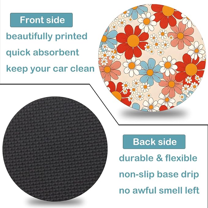 Car Cup Holder Coasters, 2 Pack – 2.75" Universal Auto Anti-Slip Insert Coaster, Rubber Car Coasters, Personalized Car Accessories for Women (Retro Daisy)