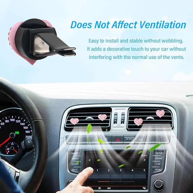 4PCS Bling Car Vent Clips with Rhinestone,Cute Heart Air Vent Clips for Interior Decorating,Shiny Air Vent Clips Car Accessories as Birthday Gifts for Women & Girls (Pink)