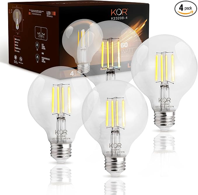 KOR 4 Pack 5.5W (60W Equivalent) Clear G25 Globe Led Light Bulbs 2700K Warm White Dimmable Filament G25 Vintage LED E26 Base Dimmable Globe for Bathroom Vanity Bedroom Pendant