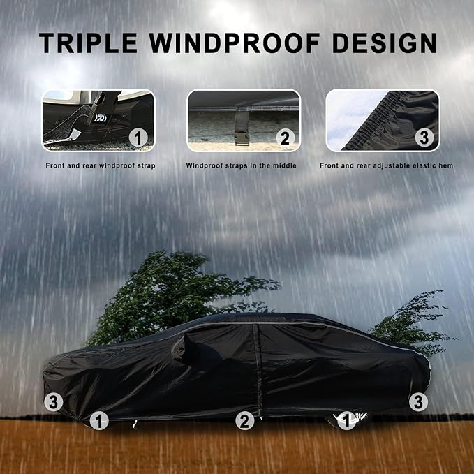 Tecoom Car Cover Waterproof All Weather, Car Covers for Automobiles with Zipper Door, Cotton Backing, Windproof Sun UV Hail Protector, Universal Fit for Sedan (201"-210")