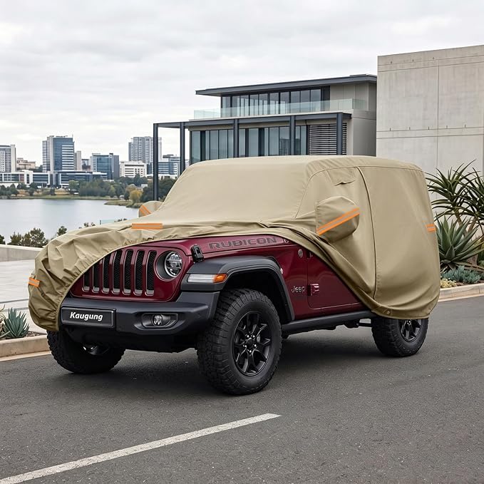 Kaugung Custom Fit Car Cover for Jeep Wrangler 2 Door CJ YJ TJ JK JL, All Weather Waterproof Outdoor SUV Cover with Sun Rain Snow UV Protection, Driver Door Zipper, Mirror Pockets & Vents