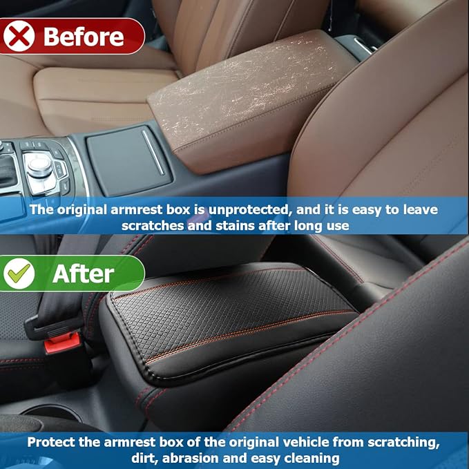 Moly Magnolia Auto Center Console Pad, PU Leather Car Armrest Seat Box Cover, Waterproof Non Slip Soft Armrest Box Cushion Protector, Car Accessories Universal for SUV, Truck, Van (Black/Orange)