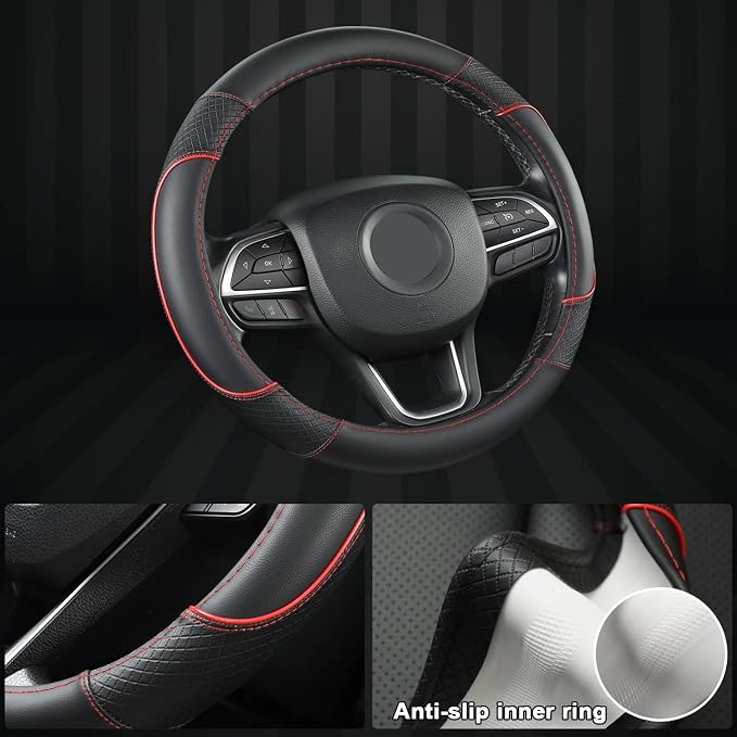 GIANT PANDA Steering Wheel Cover for Jeep Wrangler, Car Steering Wheel Cover for Jeep Grand Cherokee and Cherokee - Black+Red Trim